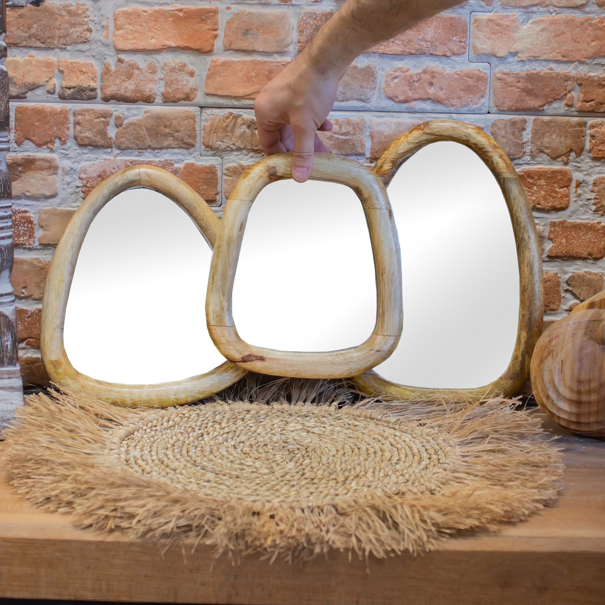 Set of 3 Pebble Shaped Mirrors - Light Wood Finish